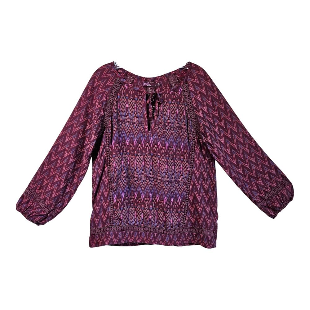 PRANA Women's M Tacana Peasant Blouse Crochet Trim Boho Aztec Balloon Sleeve 38"